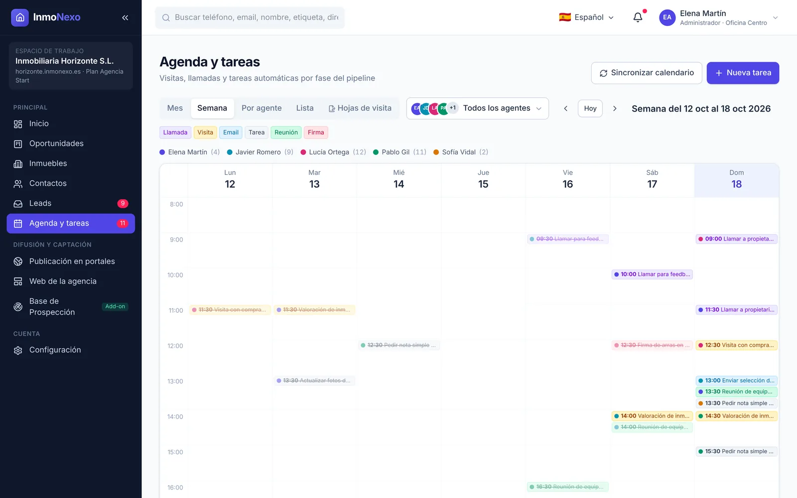 Agenda semanal de InmoNexo con visitas y tareas de varios agentes