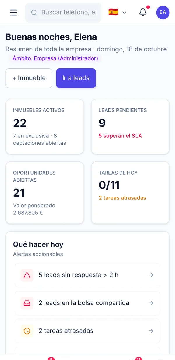 InmoNexo en el móvil: panel de inicio
